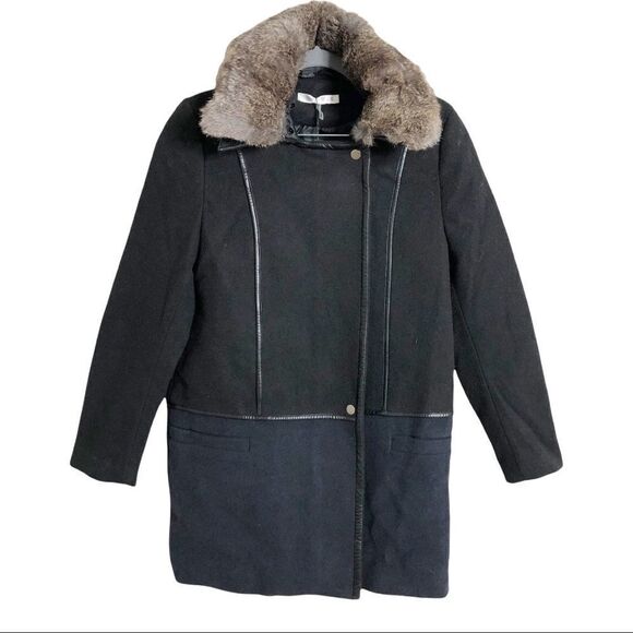 See You Soon Black/Navy Wool Blend Fur Collar Mid-Length Coat New - Picture 1 of 15